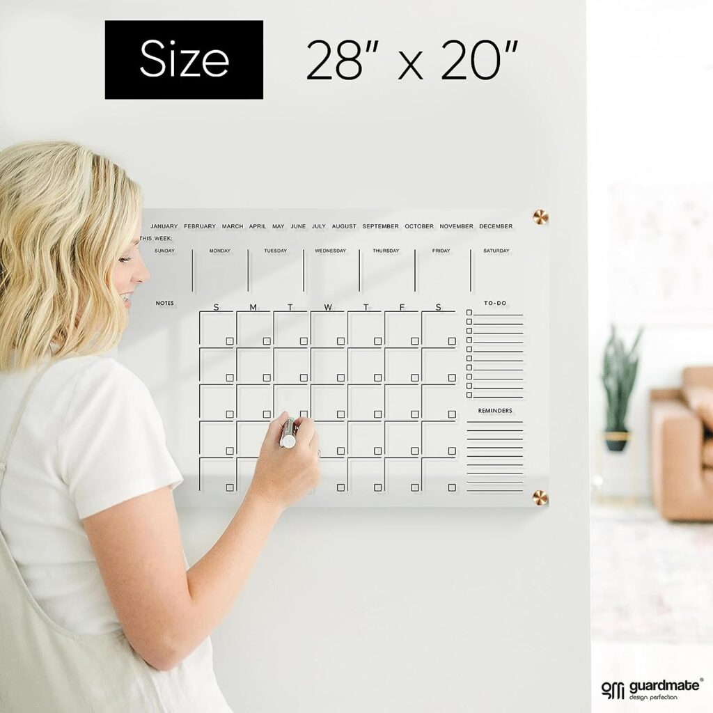 Premium Ultra-Clear Acrylic Wall Calendar Dry Erase | OVERSIZE 28X20 | Large Glass Calander For Home Family Planner Office Board Reusable Whiteboard Big Monthly | 8 Magnetic Pens Eraser (2023-2024)